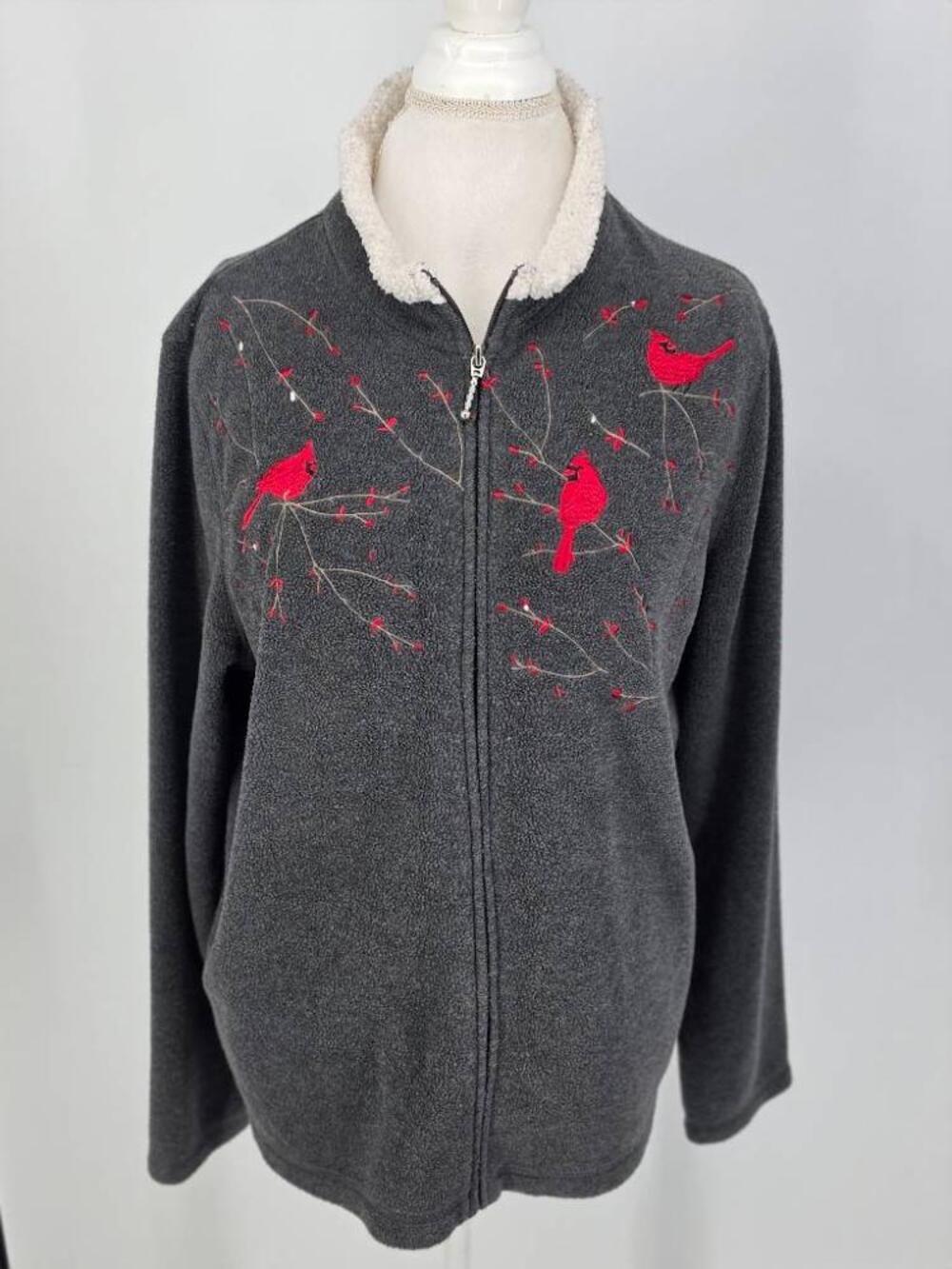 Croft Barrow Womens XL Gray Cardinal Bird Embroidered Fleece Jacket Grannycore